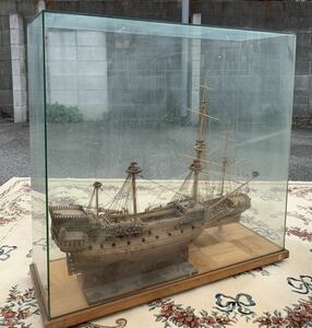引取り限定　船名不明　2隻セット　帆船模型 船舶　帆船　模型　木製 アクリルケース　y