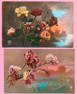 2枚◆花(9)M22◆薔薇 バラ すみれ スミレ すずらん 鈴蘭 スズラン パンジー 勿忘草 忘れな草 カーネーション アンティークポストカード