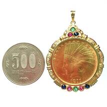 インディアン イーグル金貨 1911年 22.81g アメリカ K18/21.6 ダイヤモンド 0.31 マルチ 0.62 イエローゴールド コイントップ _画像3