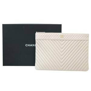 CHANEL/シャネル Vステッチ クラッチバッグ ソフトキャビアスキン ライトブラウン 24895756 FS ABランク