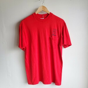 555◆USA製 80s Hanes 半袖プリントTシャツ sizeL 赤 レッド 配管工 胸ポケット ポケT vintage 古着 USED 中古