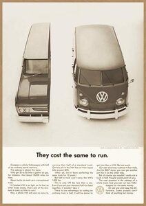 ワーゲンバス VW レトロミニポスター B5サイズ 複製広告 タイプ2 この２台が同じ価格 モノクロ USAD5-205