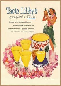フラガール レトロミニポスター B5サイズ 複製広告 Libby's リビーズ パイナップルジュース イラスト ハワイ USAD5-026