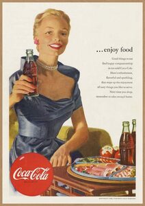 Coca-Cola レトロミニポスター B5サイズ 複製広告 コカコーラ ◆ 赤丸ロゴ 青いドレスの女性 enjoy food USAD5-025