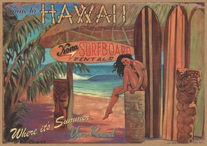 ハワイ サーフボード レトロミニポスター B5サイズ 複製広告 イラスト HAWAII ロコガール KONA USAD5-036