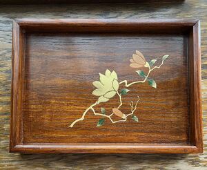 お盆 木蓮 長角盆 会津塗 欅漆器 小さいサイズ 木製トレイ けやき モクレンの花お盆 テーブルマット
