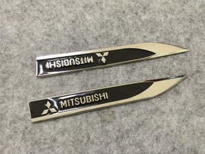 三菱 MITSUBISHI ブラック 車体サイドステッカー 金属製 車用デカール カーステッカー エンブレム 送料無料 2枚セット