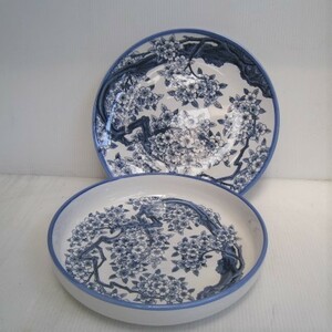 大皿 2枚 セット 　鉢+大皿　桜の模様　花 染付　未使用　ブルー　/15N3.25-64