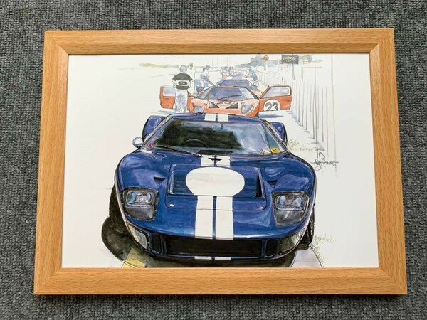 ■BOW。池田和弘『Ford GT40』B5サイズ 額入り 貴重イラスト 印刷物 ポスター風デザイン 額装品 アートフレーム 旧車