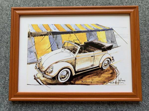 ■BOW。池田和弘『VW Beetle Cabriolet』B5サイズ 額入り 貴重イラスト 印刷物 ポスター風デザイン 額装品 アートフレーム 旧車