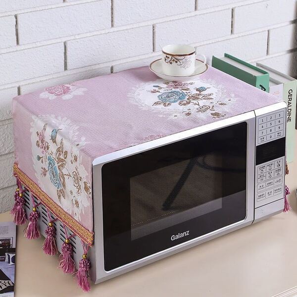 新発売 電子レンジカバー マルチカバー フリル付き 刺繍 花柄 パープル 紫 タッセル付き 35*95 おしゃれ
