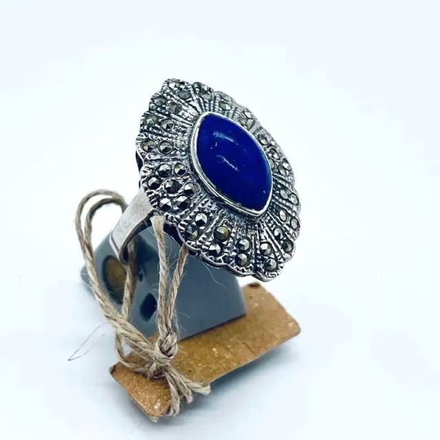 Штампованное кольцо из серебра 925 пробы с натуральным камнем, лазурит, размер 18, 5, женское кольцо, редкий, единственный в своем роде, антикварное кольцо, ручной работы, винтаж, кольцо, Цветные камни, лазурит, Рури