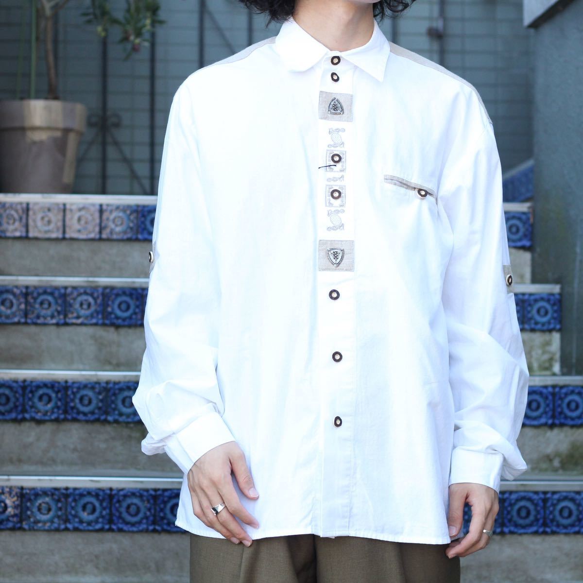 FRENCH ANTIQUE LINEN REMAKE AIZOME FABRIC LINEN CLERIC SHIRT