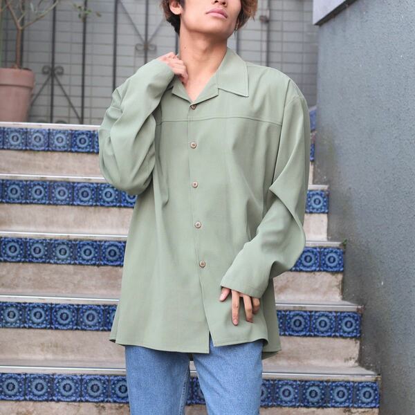 USA VINTAGE PLAZA OPEN COLLAR GREEN COLOR DESIGN SHIRT/アメリカ古着オープンカラーグリーンカラーデザインシャツ