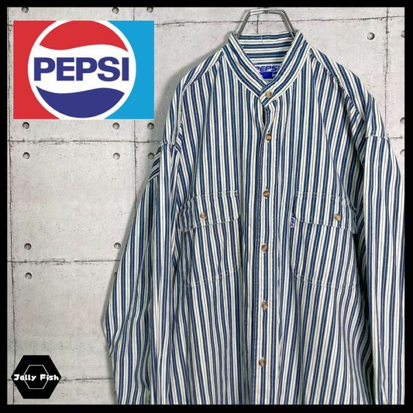 【希少】PEPSI/ペプシ バンドカラー 長袖ストライプシャツ 古着 Lサイズ