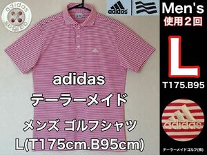 超美品 adidas(アディダス)テーラーメイド メンズ ゴルフ シャツ L(T175cm.B95cm)使用2回 ピンク ホワイト ドライ 半袖 スポーツアウトドア