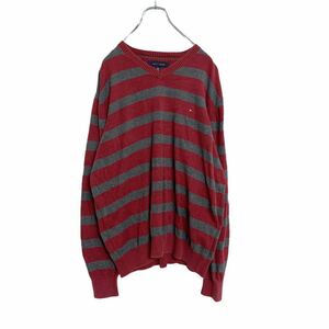 TOMMY HILFIGER コットン ニットセーター L グレー レッド ボーダー トミーヒルフィガー Vネック 古着卸 アメリカ仕入れ a405-5346