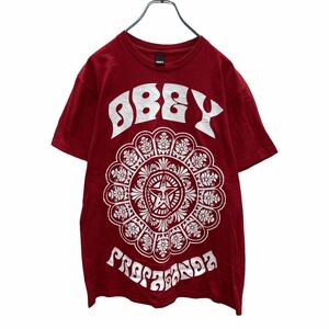 OBEY 半袖 プリント Tシャツ M レッド ホワイト オベイ メキシコ製 ストリート スケーター 古着卸 アメリカ仕入 a505-5313