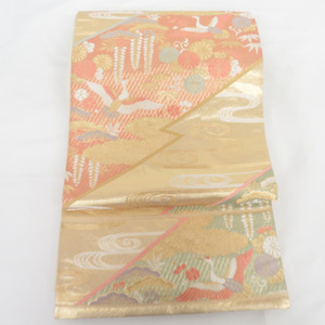 袋帯 鶴に吉祥文様 正絹 金色 金糸 六通柄 正絹 フォーマル 仕立て上がり 着物帯 長さ424cm