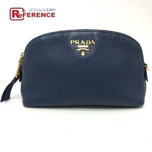 PRADA Prada 1ND005 Logo make-up pouch make-up pouch leather blue lady's [ used ]