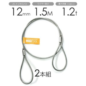 玉掛けワイヤー 2本組 両アイロック加工 メッキ 12mmx1.5m