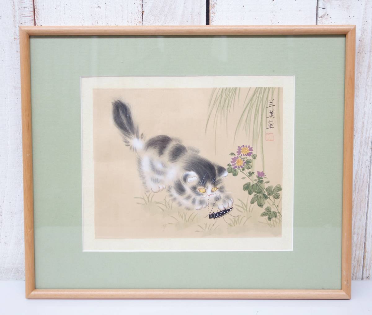 Modern art Art *Japanese painting Art *Title of work unknown Cat Insect *Author unknown Signed *High quality wooden frame *Transportation box (paper), painting, Japanese painting, flowers and birds, birds and beasts