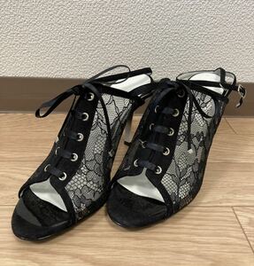  Ginza Kanematsu race ankle strap sandals black 24cm