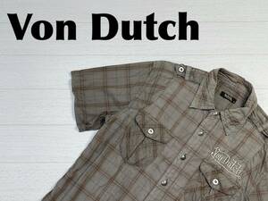 * free shipping * Von Dutch Von Dutch old clothes short sleeves check pattern shirt men's M olive green tops used prompt decision 