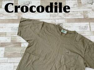 ☆送料無料☆ Crocodile クロコダイル 古着 半袖 胸ポケット付 ワンポイント Tシャツ メンズ M オリーブグリーン トップス 中古 即決