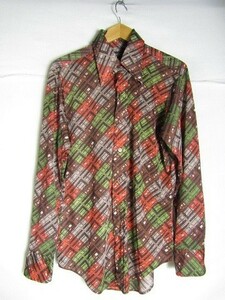 70年代製 Cellini Knitwear 総柄 ポリシャツ　ポリエステルシャツ　ブラウン　Mサイズ　ヴィンテージ