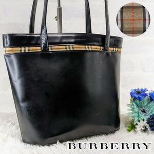 美品☆ BURBERRY LEATHER バーバリー トートバッグ　ノバチェック　オールレザー　ワンショルダー シャドーホース　肩掛けバッグ