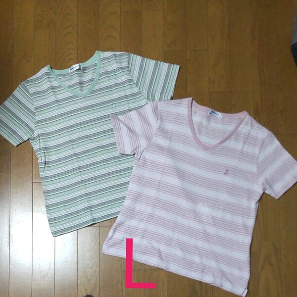 ボーダーTシャツ グリーン&ピンク L 2枚セット