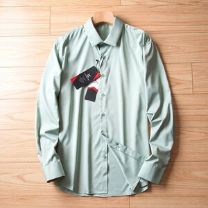 P287-XL 新品DCKMANY■シルク混 長袖シャツ メンズ ノーアイロン 形態安定 ドレスシャツ ワイシャツ 無地 ビジネス シャツ/ライトグリーン