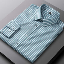 P235-L新品DCKMANY■ストライプシャツ メンズ 長袖 ワイシャツノーアイロン 形態安定 ビジネスシャツ シルクのような質感/ライトグリーン_画像1