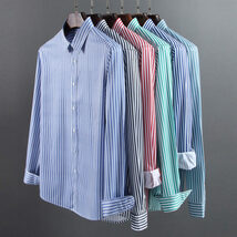 P235-L新品DCKMANY■ストライプシャツ メンズ 長袖 ワイシャツノーアイロン 形態安定 ビジネスシャツ シルクのような質感/ライトグリーン_画像4