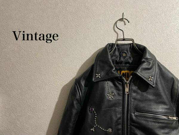 ◯ Vintage ACDC スタッズ レザー ライダース ジャケット / シングル スポーツ ジャケット トラッカー 襟付き 黒 32 Mens Ladies #Sirchive