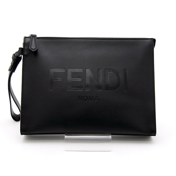 中古美品 フェンディ クラッチバッグ ロゴ フラット スリム 7VA491 ブラック FENDI リストレット付 2way セカンドバッグ 黒革 イタリア製