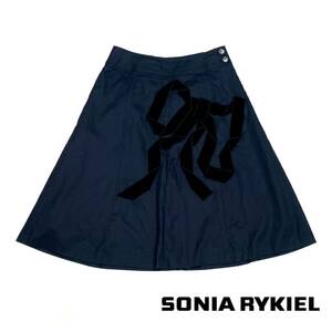 Z174 美品!! SONIA BY SONIA RYKIEL ソニア バイ ソニア リキエル ベロア リボン 装飾 Aライン スカート ブラック 黒 40 ＝ L相当!!