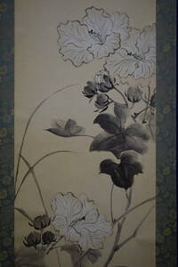 Art hand Auction 【真作】/翠汀/芙蓉花画賛/布袋屋掛軸HE-849, 絵画, 日本画, 花鳥, 鳥獣