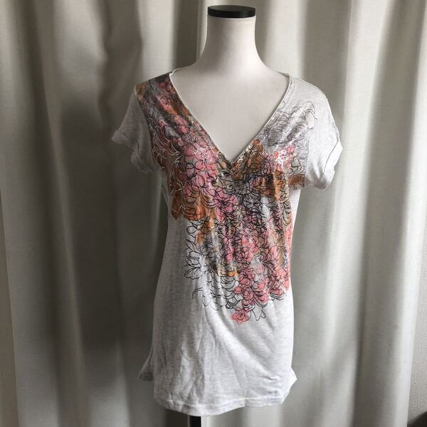 Calvin klein jeans カルバンクライン ジーンズ 花柄 Vネック 半袖 Tシャツ カットオフ 杢グレー M ★1000