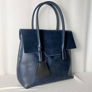  new work leather business flap attaching tote bag L size meat thickness kosi equipped original leather blur processing navy keep hand also leather hand made B4575