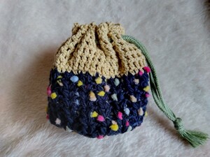 手編み ミニ巾着袋 ハンドメイド カラフルポンポン