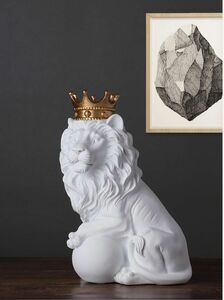 王冠 ライオン オブジェ 彫刻 動物 置物 かわいい 北欧 白 インテリア雑貨 獅子 ゴールド 風水 大きい おしゃれ 庭 金