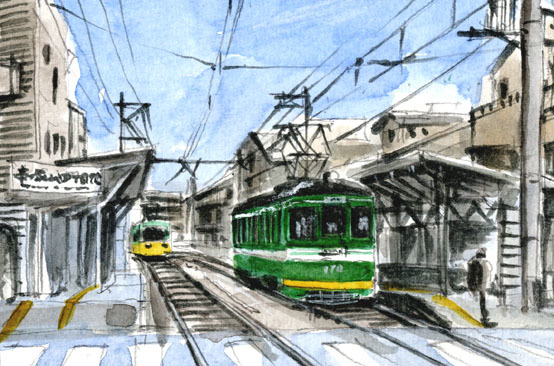 ● Nr. 8358 Tezukayama 4-chome Station Hankai Electric Tramway Kamimachi Line / Gemälde von Chihiro Tanaka (Vier Jahreszeiten-Aquarell) / Aquarell einer Eisenbahn / Wird mit einem eisenbahnbezogenen Geschenk geliefert!, Malerei, Aquarell, Natur, Landschaftsmalerei