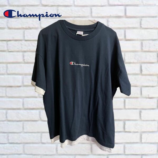 ロゴTシャツ チャンピオン Champion 半袖 メンズ 新品未使用 重ね着風 ネイビー M