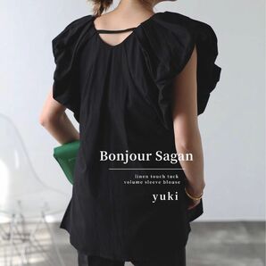 残1【新品/タグ付き】 Bonjour Sagan リネンタッチタックボリュームスリーブブラウス bk