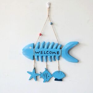 ウェルカムボード マリン風 ユニーク 魚の骨 ヒトデ サカナ 貝のタッセル付き 木製 (ライトブルー)