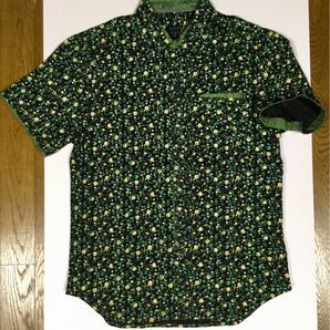 8.5@ 新品「Tropic Beach」総花柄×ストライプ 半袖シャツ Black SIZE:S Slim-Fit ペルー製