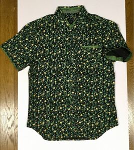 〜5/7◆ 新品「Tropic Beach」総花柄×ストライプ 半袖シャツ Black SIZE:S Slim-Fit ペルー製