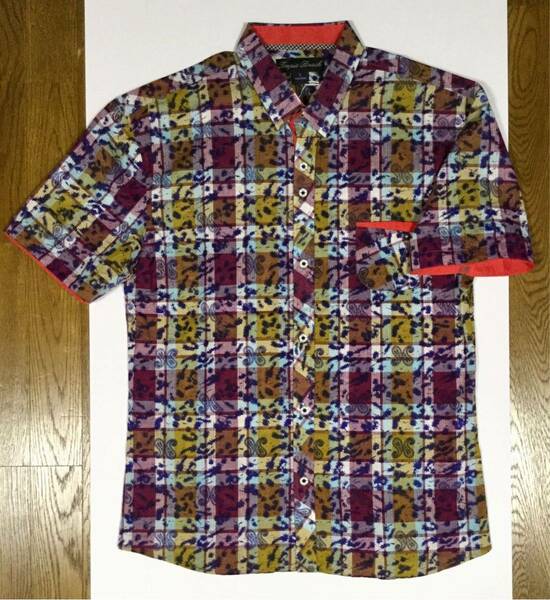 8.5@ 新品「Tropic Beach」ペイズリー柄×チェック柄 半袖シャツ Red×Yellow SIZE:L Slim-Fit ペルー製